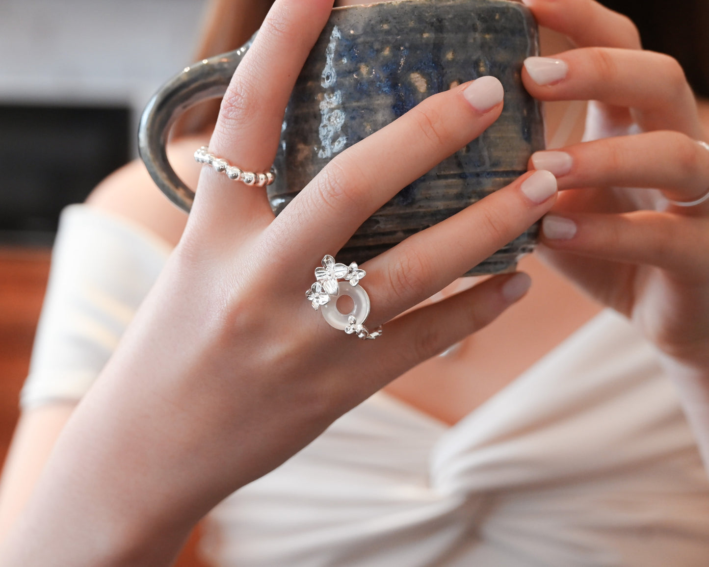 Floral White Jade Ring